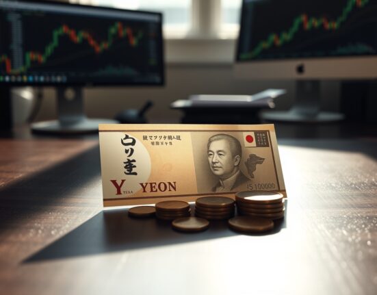 Japanese yen banknotes and coins on a desk with a financial chart in the background.