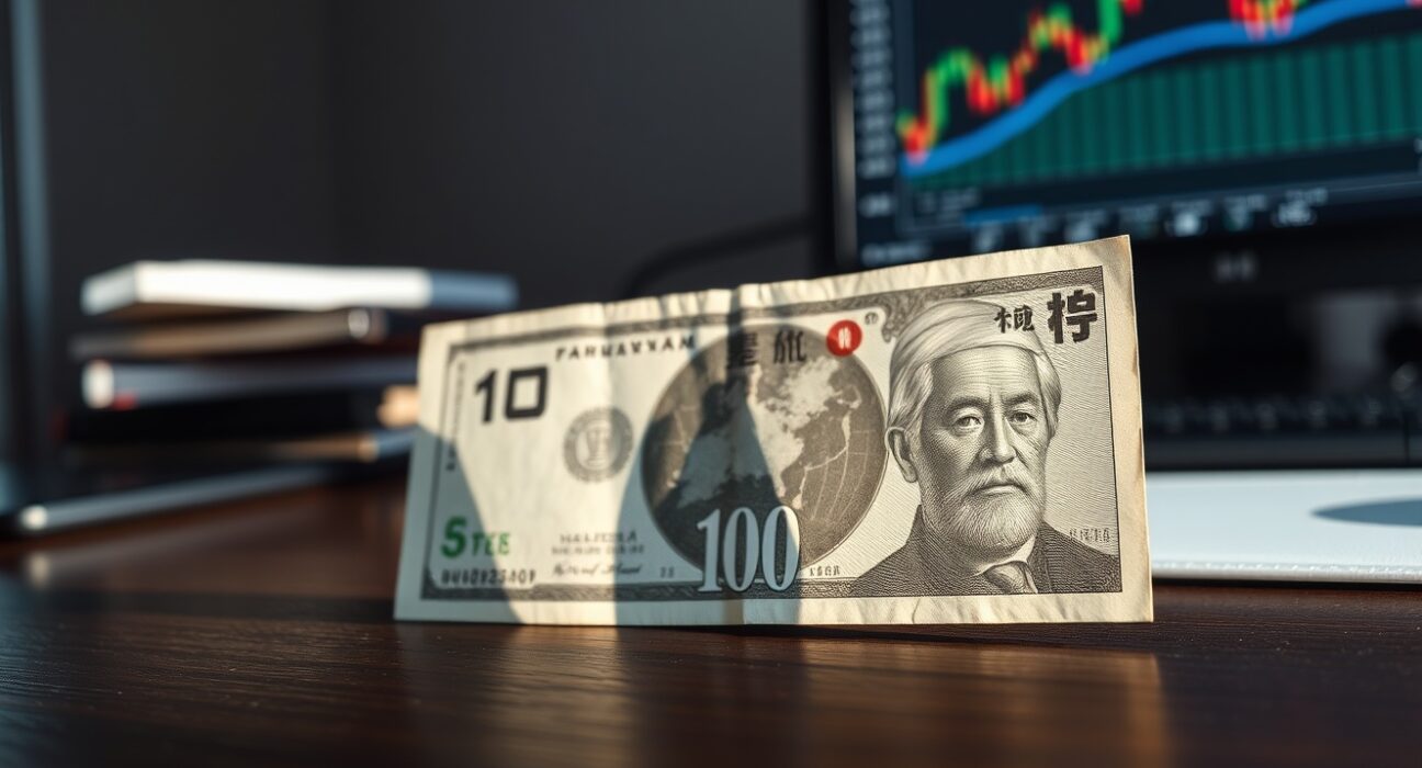 Japanese yen banknote overlapping a US dollar bill on a desk, representing forex market reaction to Fed rate decision.