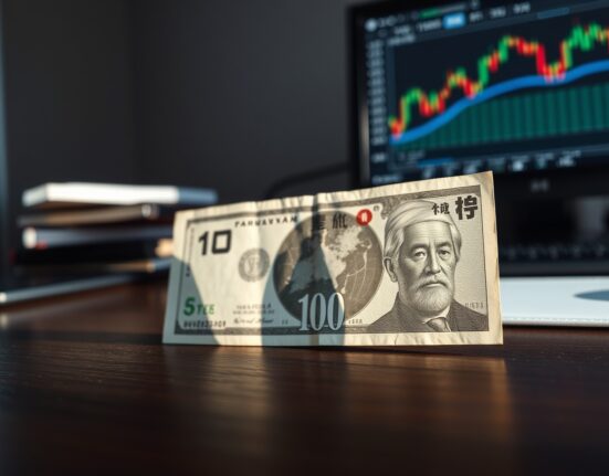 Japanese yen banknote overlapping a US dollar bill on a desk, representing forex market reaction to Fed rate decision.