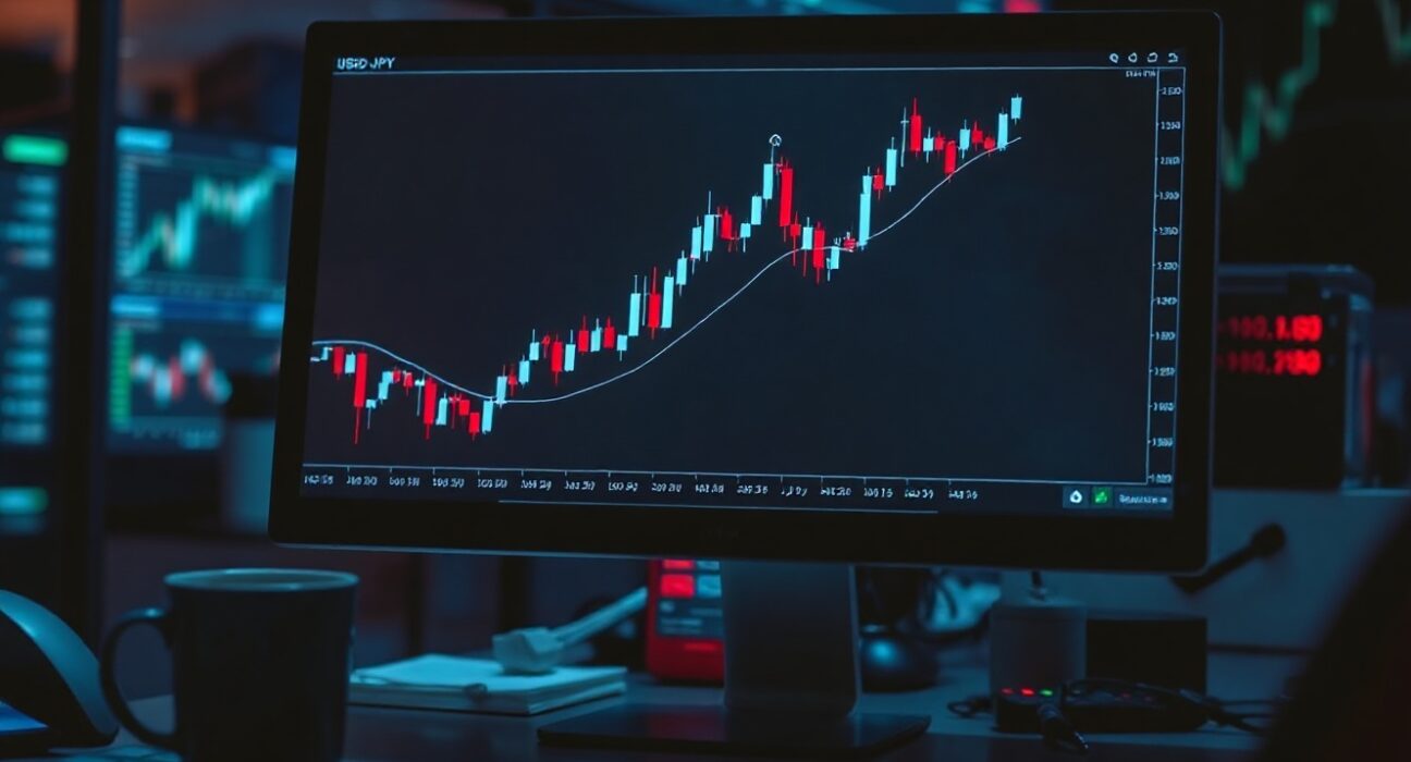 Close-up of a financial trading screen showing USD/JPY chart with upward trend