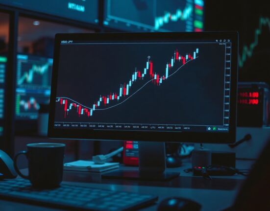 Close-up of a financial trading screen showing USD/JPY chart with upward trend