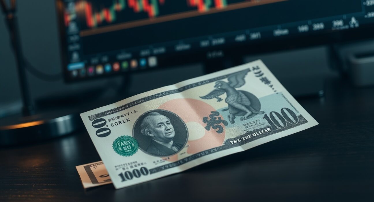 Japanese yen banknote and US dollar bill on a desk with a forex trading chart in the background