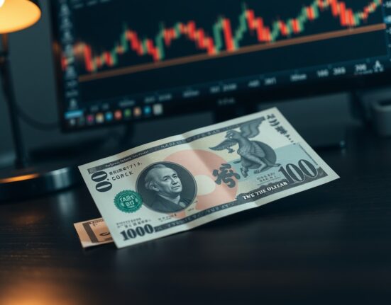 Japanese yen banknote and US dollar bill on a desk with a forex trading chart in the background