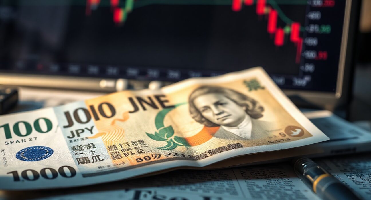 Japanese yen banknote on a trading desk with a USD/JPY chart in the background