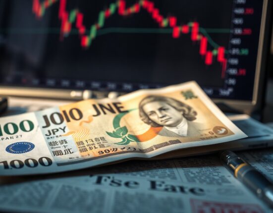 Japanese yen banknote on a trading desk with a USD/JPY chart in the background