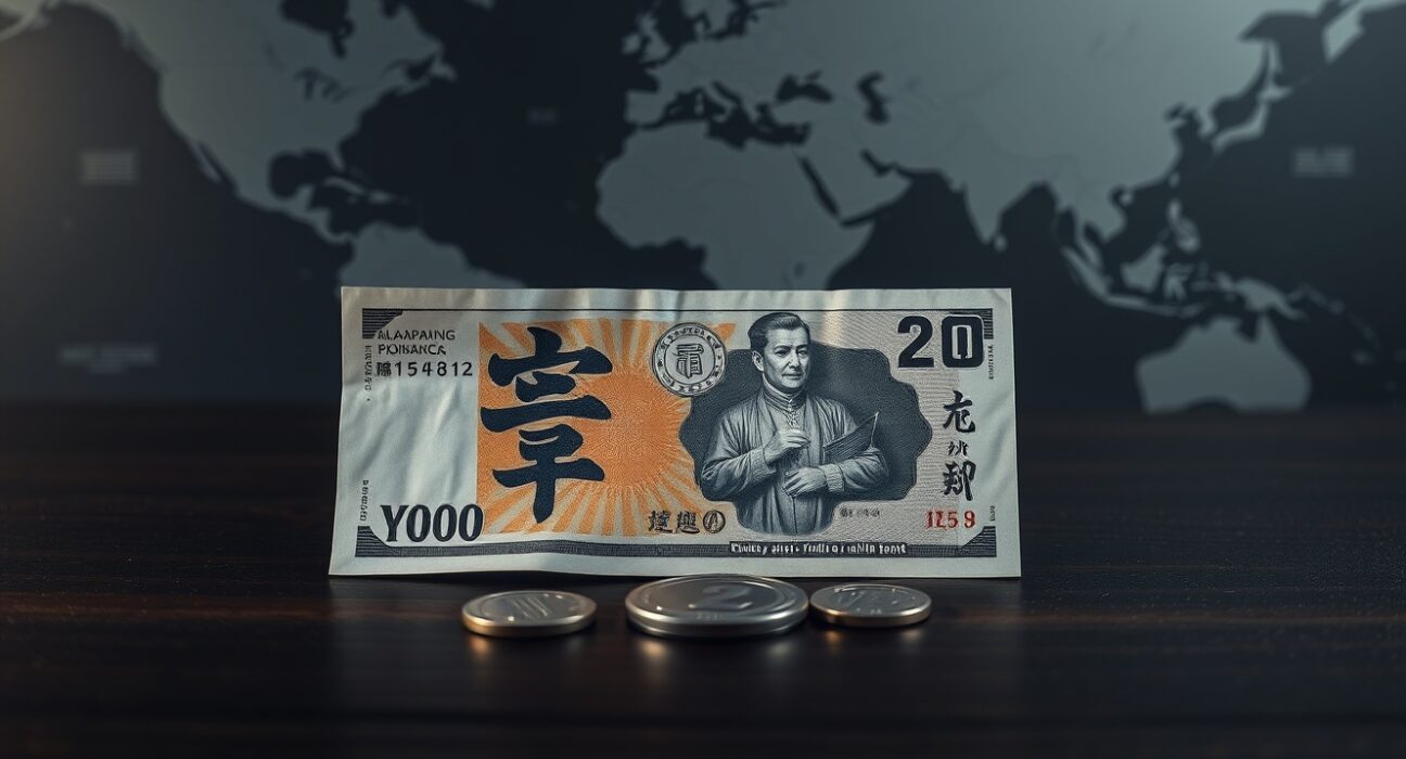 Japanese yen banknotes and coins on a dark surface, symbolizing currency market volatility amid geopolitical tensions.