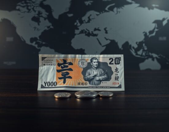Japanese yen banknotes and coins on a dark surface, symbolizing currency market volatility amid geopolitical tensions.