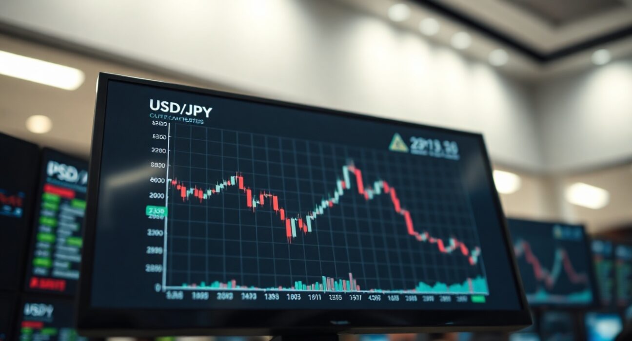 USD/JPY chart on trading screen with downward trend, reflecting yen weakness