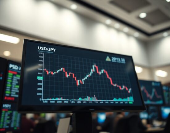 USD/JPY chart on trading screen with downward trend, reflecting yen weakness