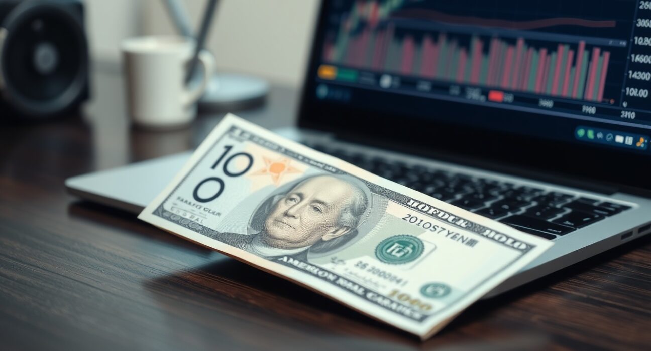 Japanese Yen banknote with US Dollar and financial charts in background representing forex analysis