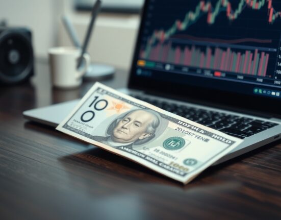 Japanese Yen banknote with US Dollar and financial charts in background representing forex analysis