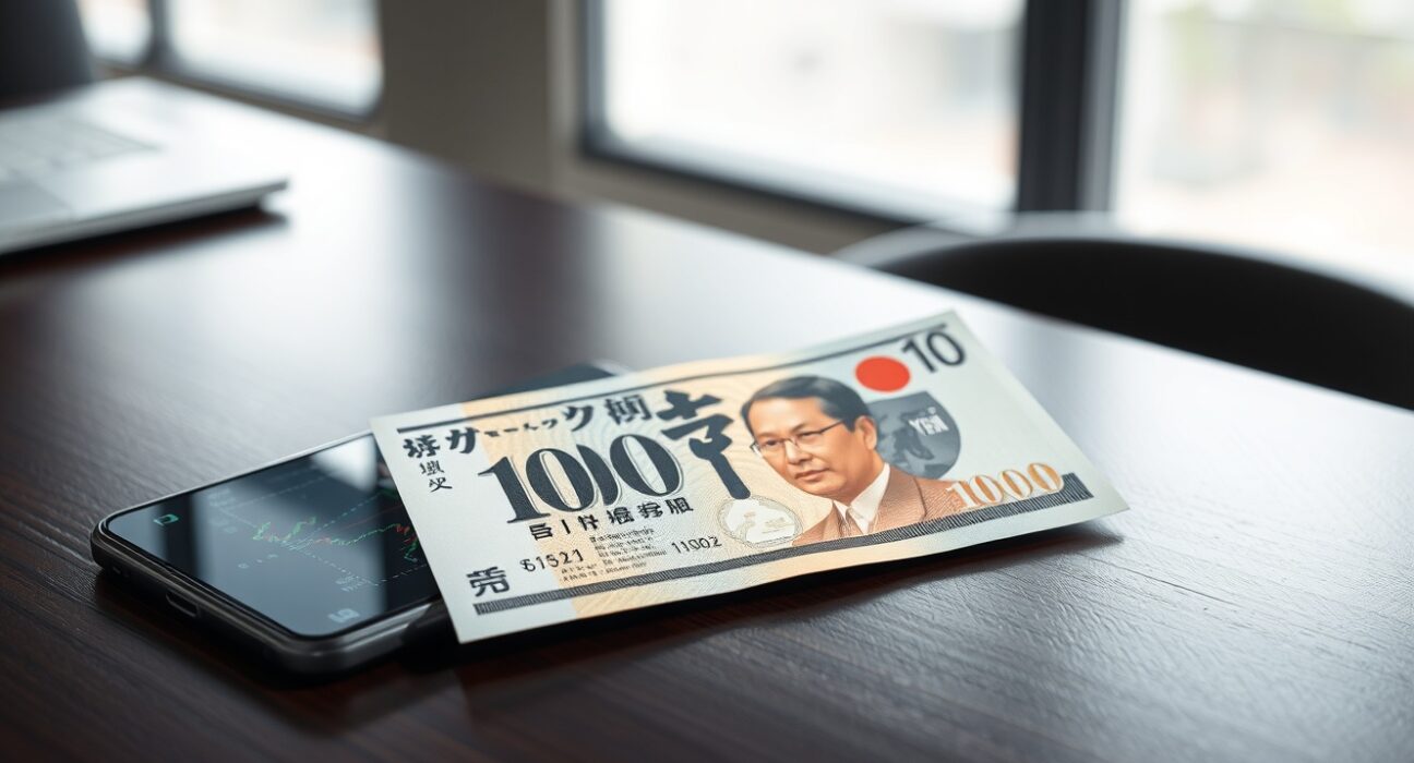 Japanese Yen banknote and smartphone with forex chart on desk, representing currency analysis.