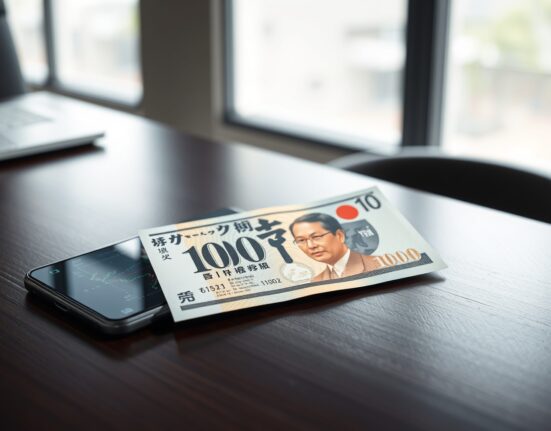 Japanese Yen banknote and smartphone with forex chart on desk, representing currency analysis.