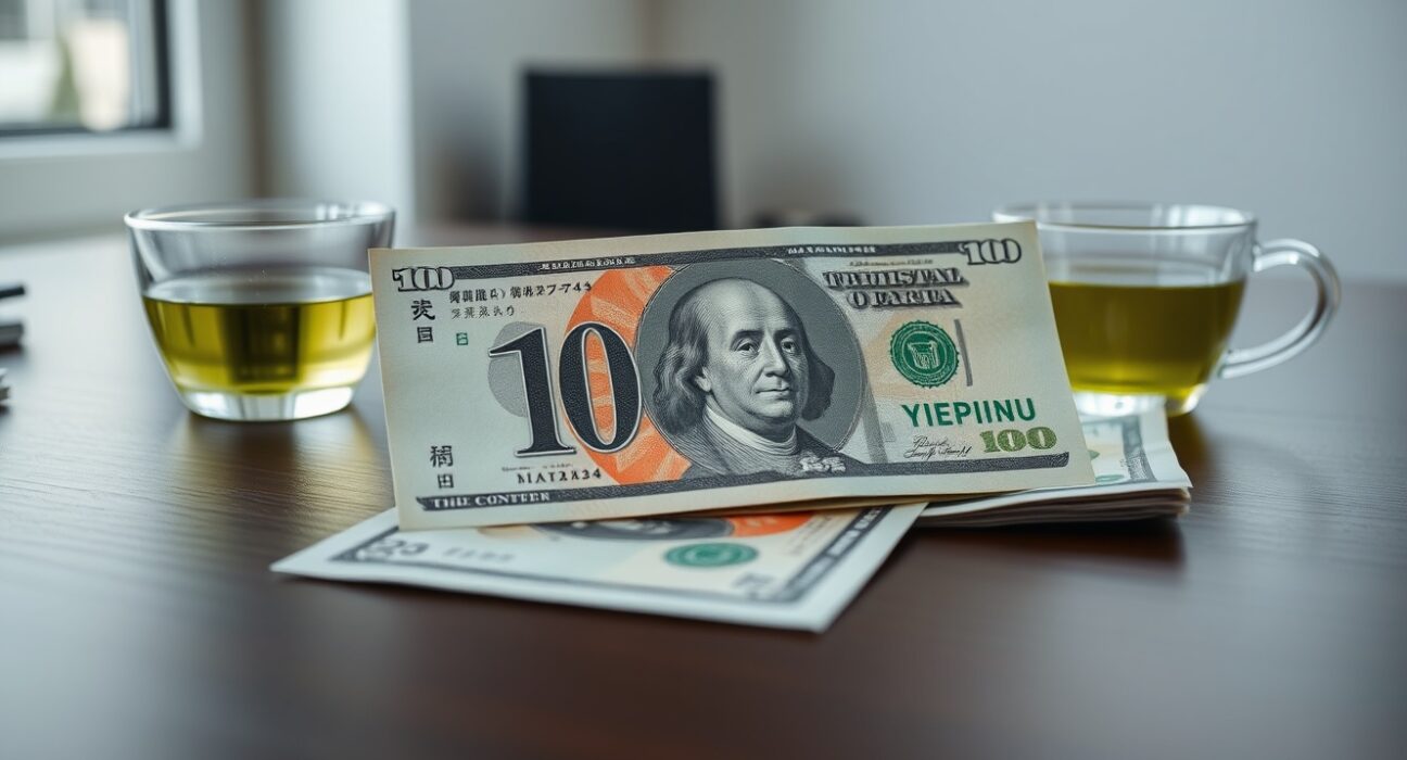 Close-up of Japanese yen and US dollar banknotes on a desk, representing forex market analysis.