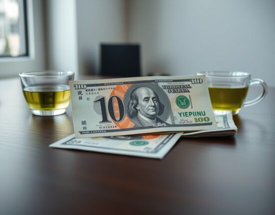 Close-up of Japanese yen and US dollar banknotes on a desk, representing forex market analysis.