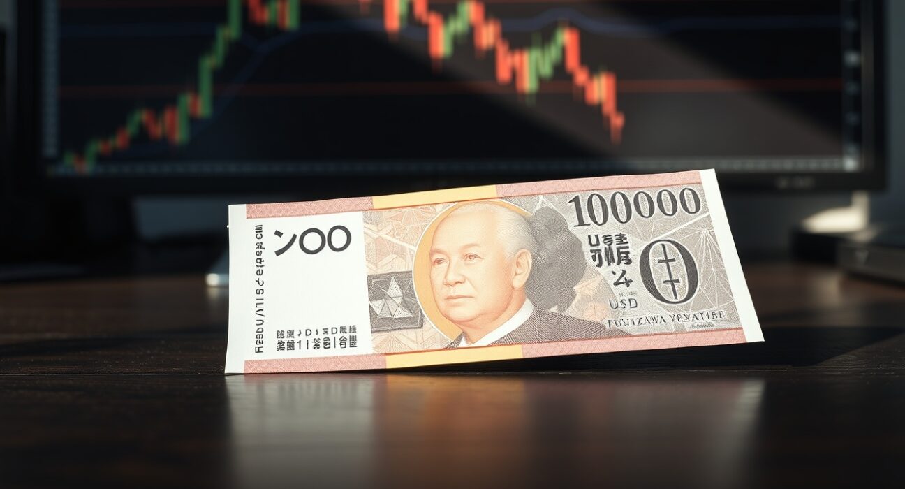 Japanese Yen banknote on desk with blurred USD/JPY chart on monitor in background
