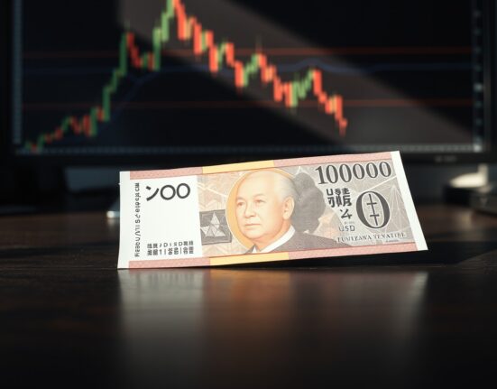 Japanese Yen banknote on desk with blurred USD/JPY chart on monitor in background