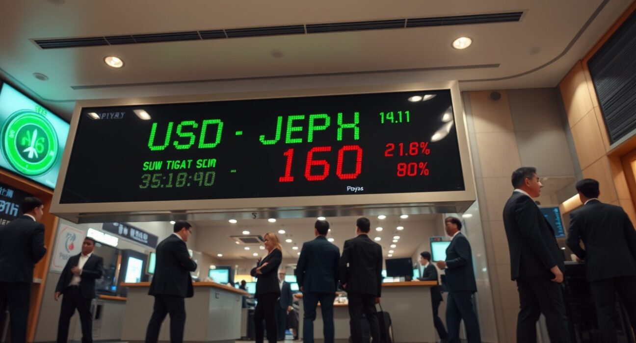 Digital currency exchange board in Tokyo showing high USD/JPY exchange rate
