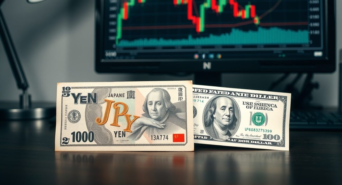 Japanese Yen and US Dollar banknotes on a desk with a USD/JPY chart on a monitor