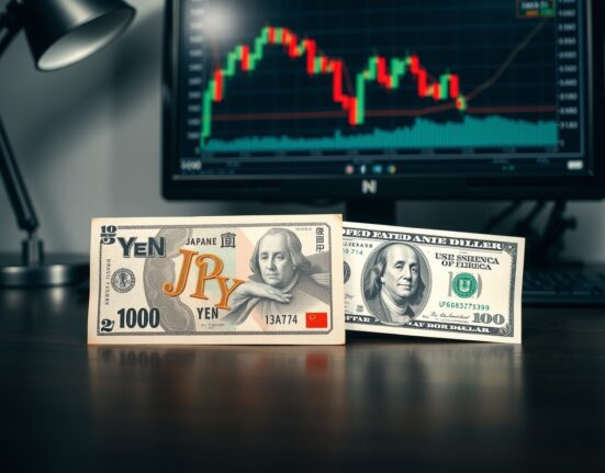 Japanese Yen and US Dollar banknotes on a desk with a USD/JPY chart on a monitor