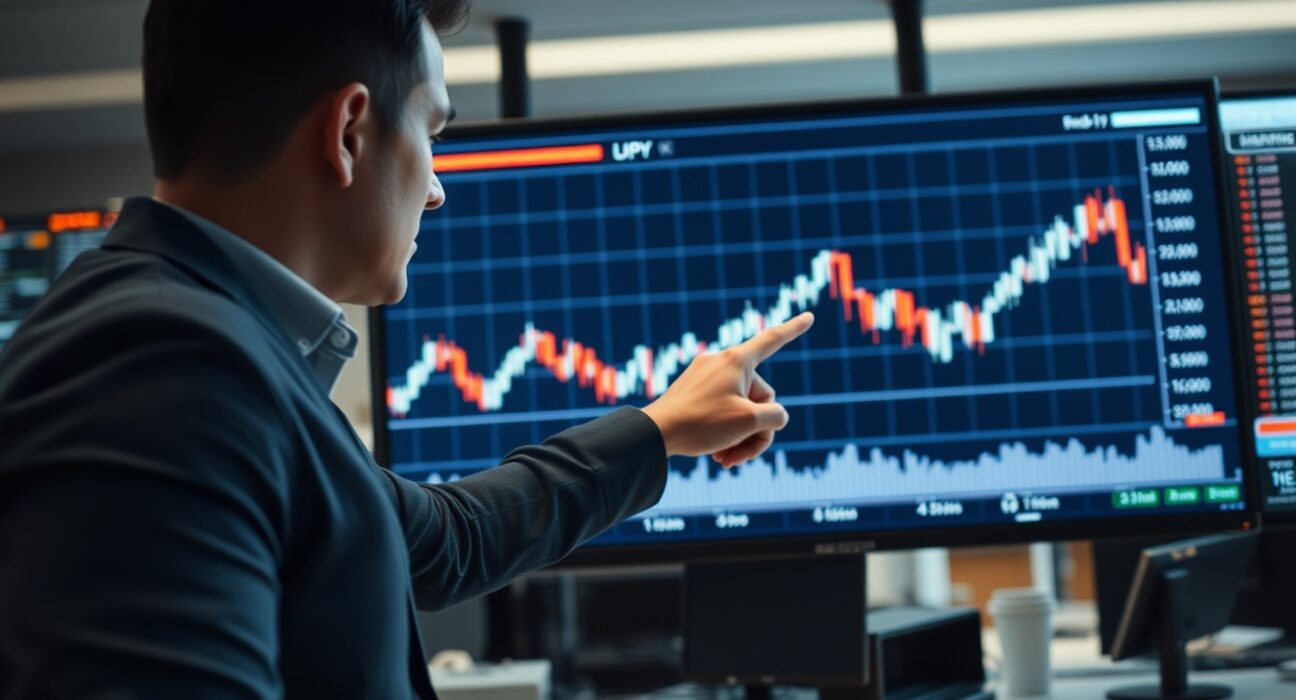 Financial analyst pointing at USD/JPY chart showing rally fatigue on trading floor screen