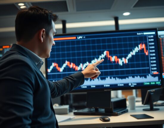 Financial analyst pointing at USD/JPY chart showing rally fatigue on trading floor screen
