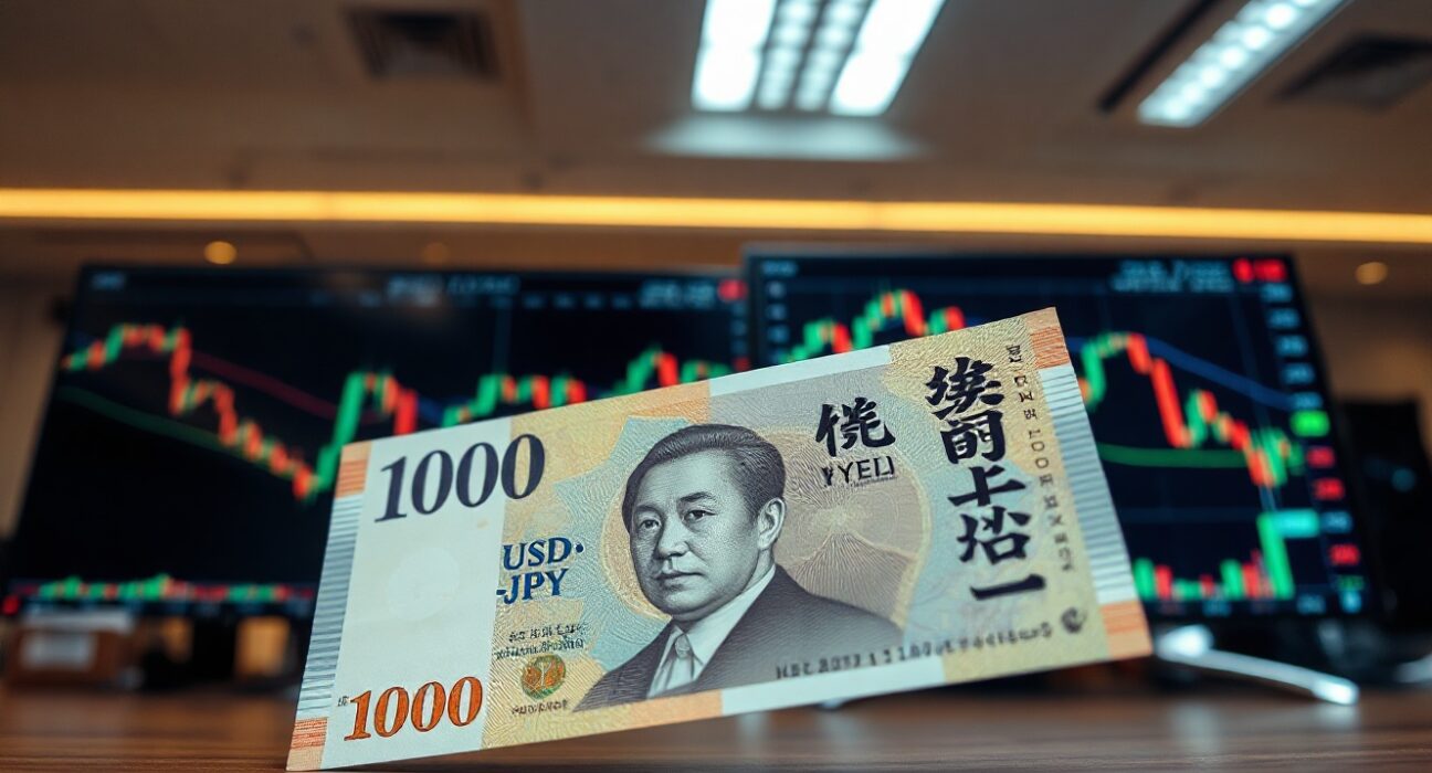 Japanese yen banknote with USD/JPY chart on monitor in trading office