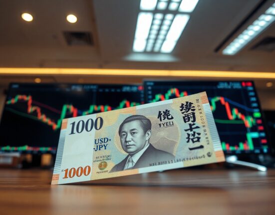 Japanese yen banknote with USD/JPY chart on monitor in trading office