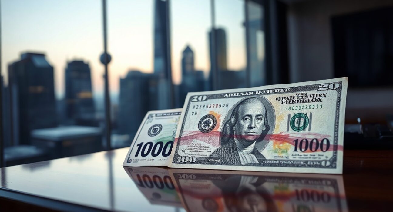 Japanese yen and US dollar banknotes on a desk with a blurred financial district skyline in the background.