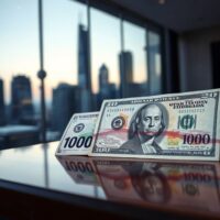 Japanese yen and US dollar banknotes on a desk with a blurred financial district skyline in the background.