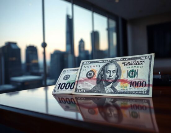 Japanese yen and US dollar banknotes on a desk with a blurred financial district skyline in the background.