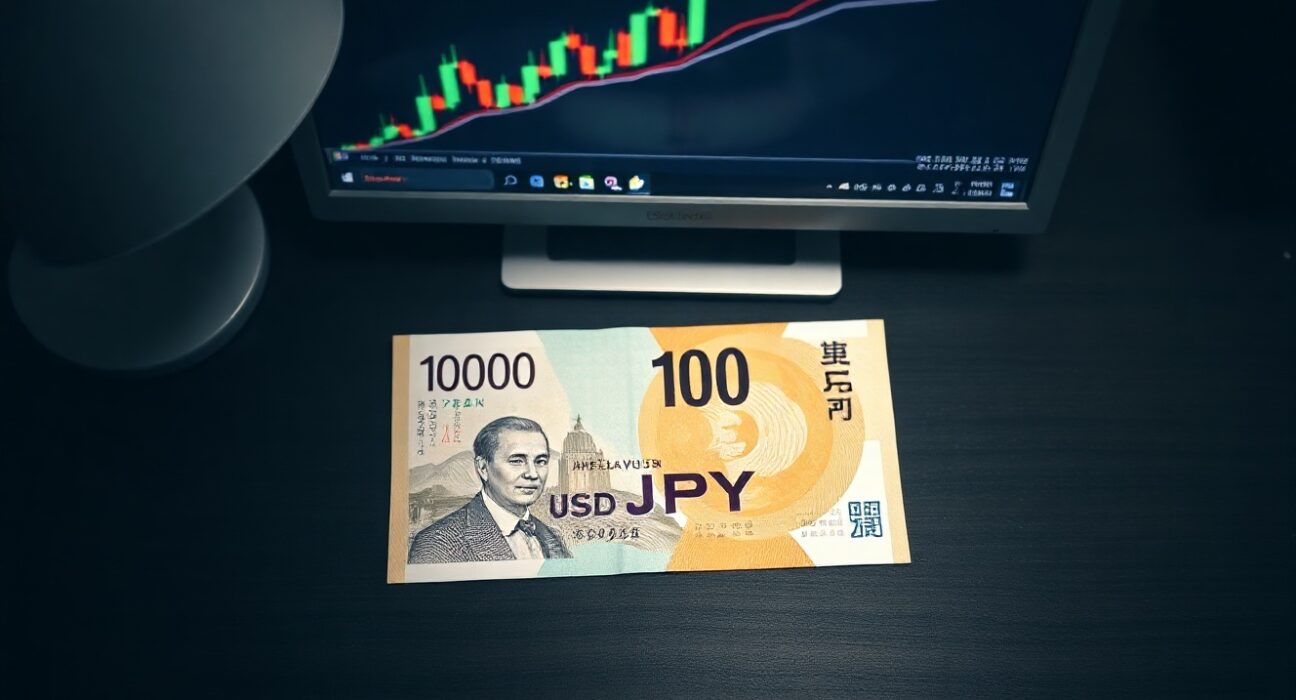 Japanese Yen banknote on a desk with a USD/JPY chart on a monitor in the background
