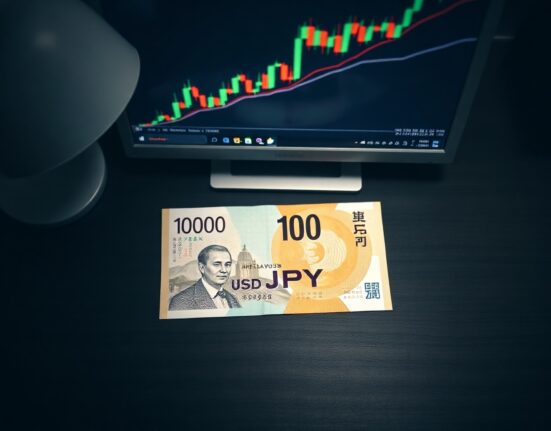 Japanese Yen banknote on a desk with a USD/JPY chart on a monitor in the background