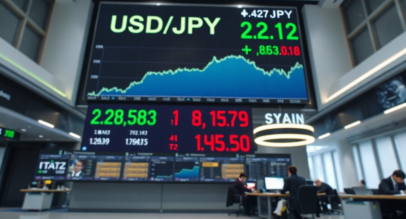 Electronic trading board showing stable USD/JPY exchange rate in a modern financial district trading floor.