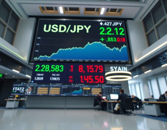 Electronic trading board showing stable USD/JPY exchange rate in a modern financial district trading floor.