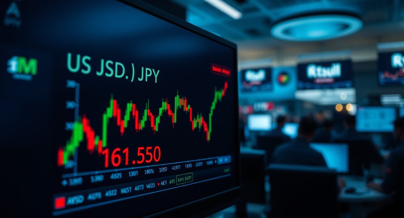 Digital trading screen showing USD/JPY currency pair chart near 161.50 level with candlestick patterns