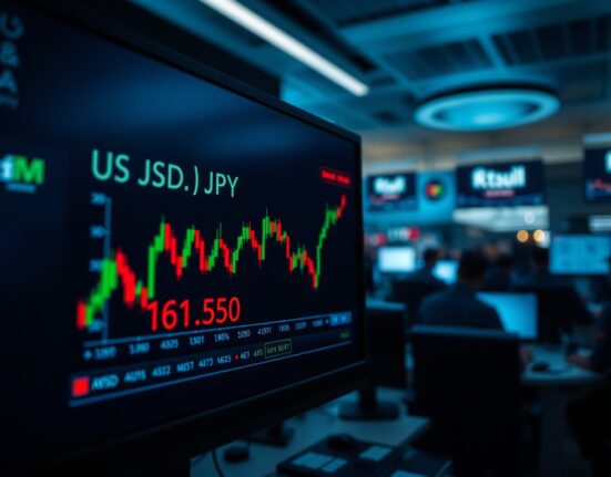 Digital trading screen showing USD/JPY currency pair chart near 161.50 level with candlestick patterns