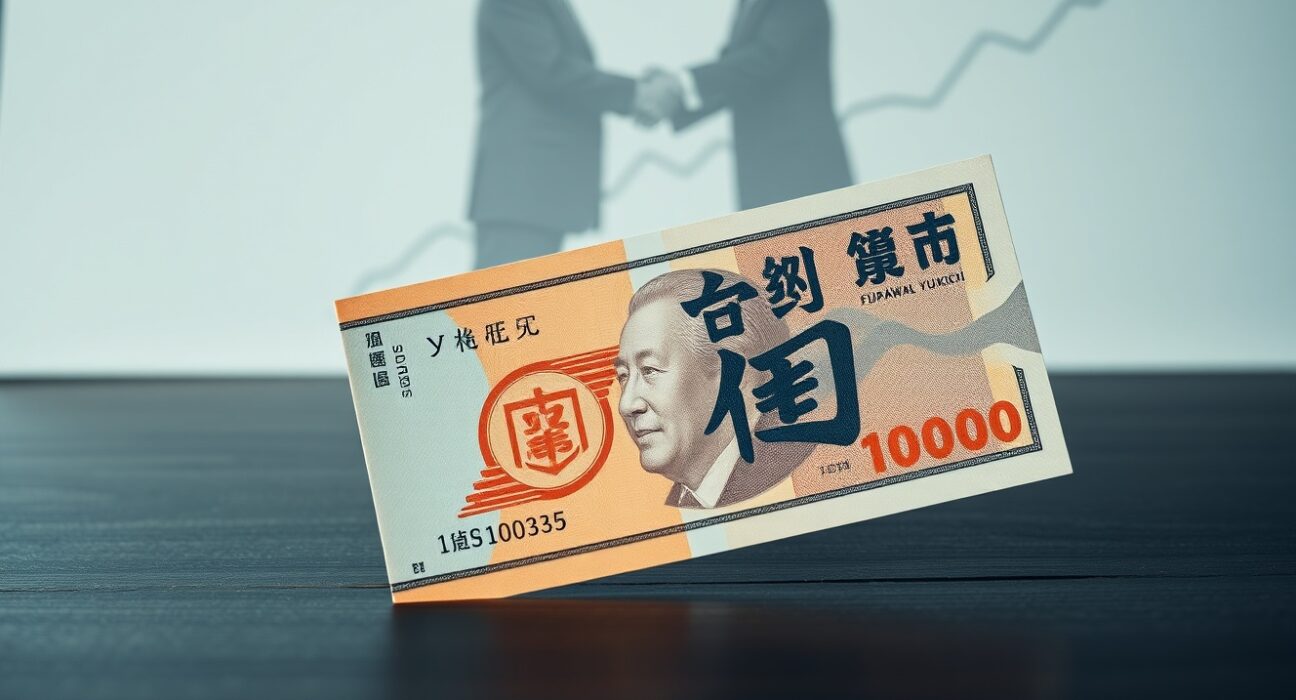 Japanese Yen banknote and US Dollar on desk with subtle background of trade summit and market chart