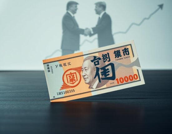 Japanese Yen banknote and US Dollar on desk with subtle background of trade summit and market chart