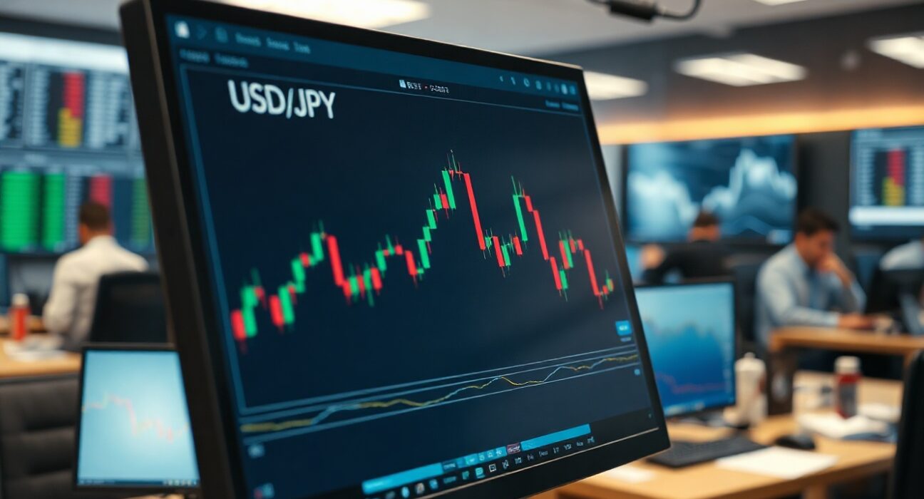 Trading screen showing USD/JPY exchange rate charts in a professional trading room