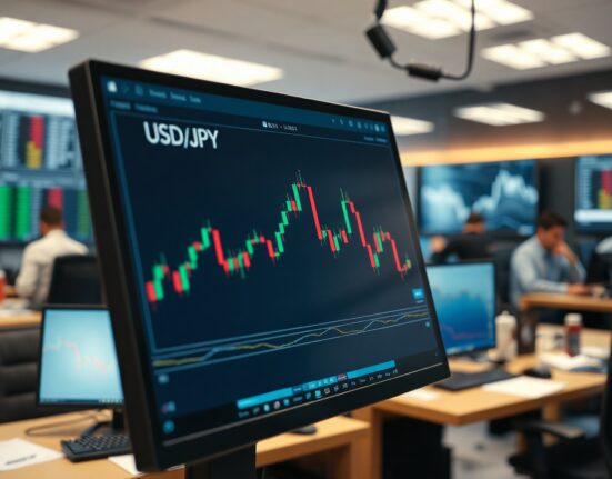 Trading screen showing USD/JPY exchange rate charts in a professional trading room