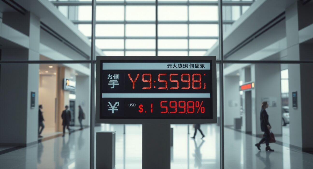 Digital currency exchange board in a Tokyo bank showing Japanese Yen and US Dollar rates.
