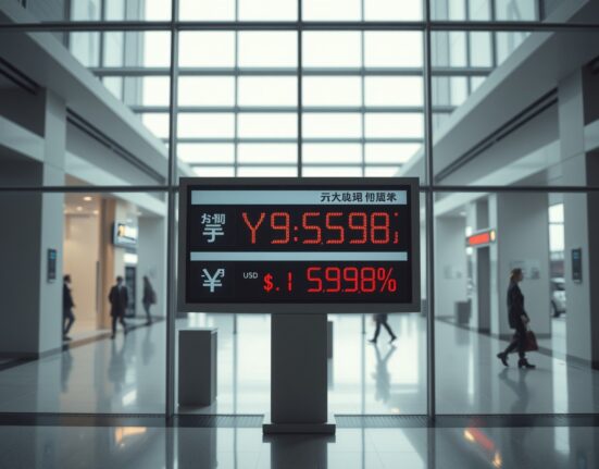 Digital currency exchange board in a Tokyo bank showing Japanese Yen and US Dollar rates.