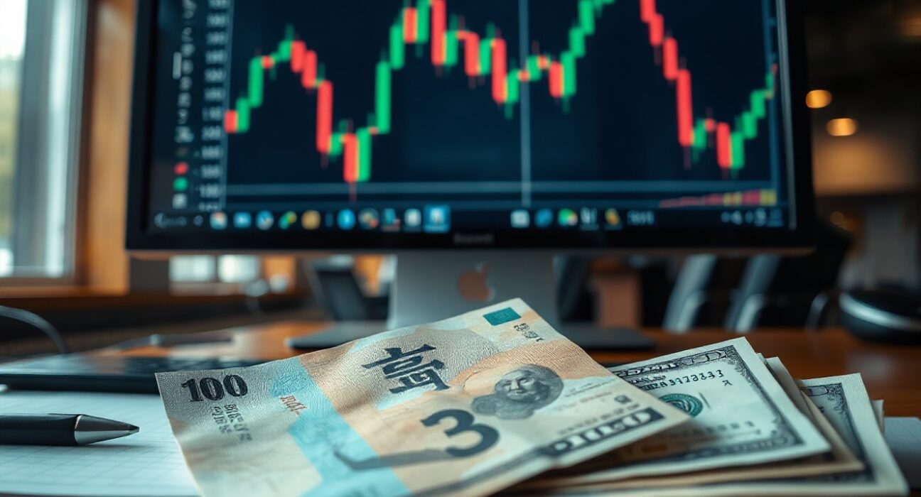 Japanese yen and US dollar banknotes on a desk with a financial chart on a monitor in the background.