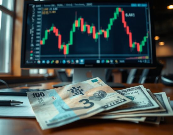 Japanese yen and US dollar banknotes on a desk with a financial chart on a monitor in the background.