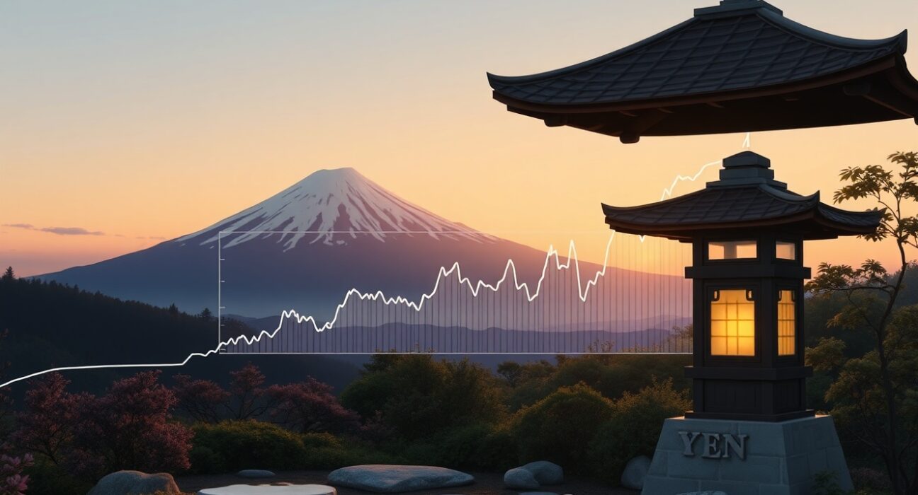 Japanese Yen currency strength analysis against US Dollar with Mount Fuji backdrop
