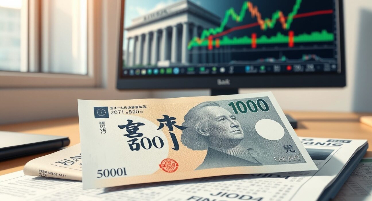 Japanese Yen banknote on financial newspaper with BoJ building reflection and forex chart