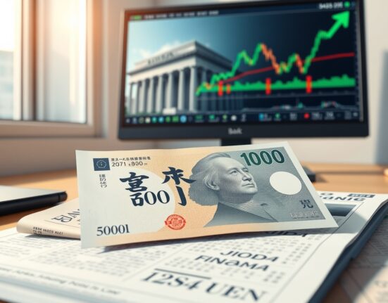 Japanese Yen banknote on financial newspaper with BoJ building reflection and forex chart
