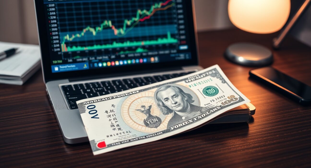 Japanese yen banknotes and US dollars on a desk with a forex chart on a laptop, representing currency market trends.