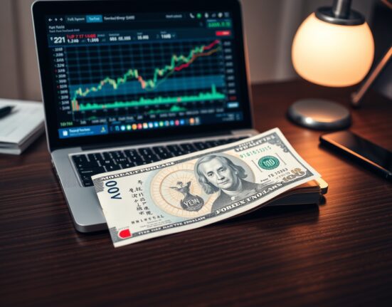 Japanese yen banknotes and US dollars on a desk with a forex chart on a laptop, representing currency market trends.